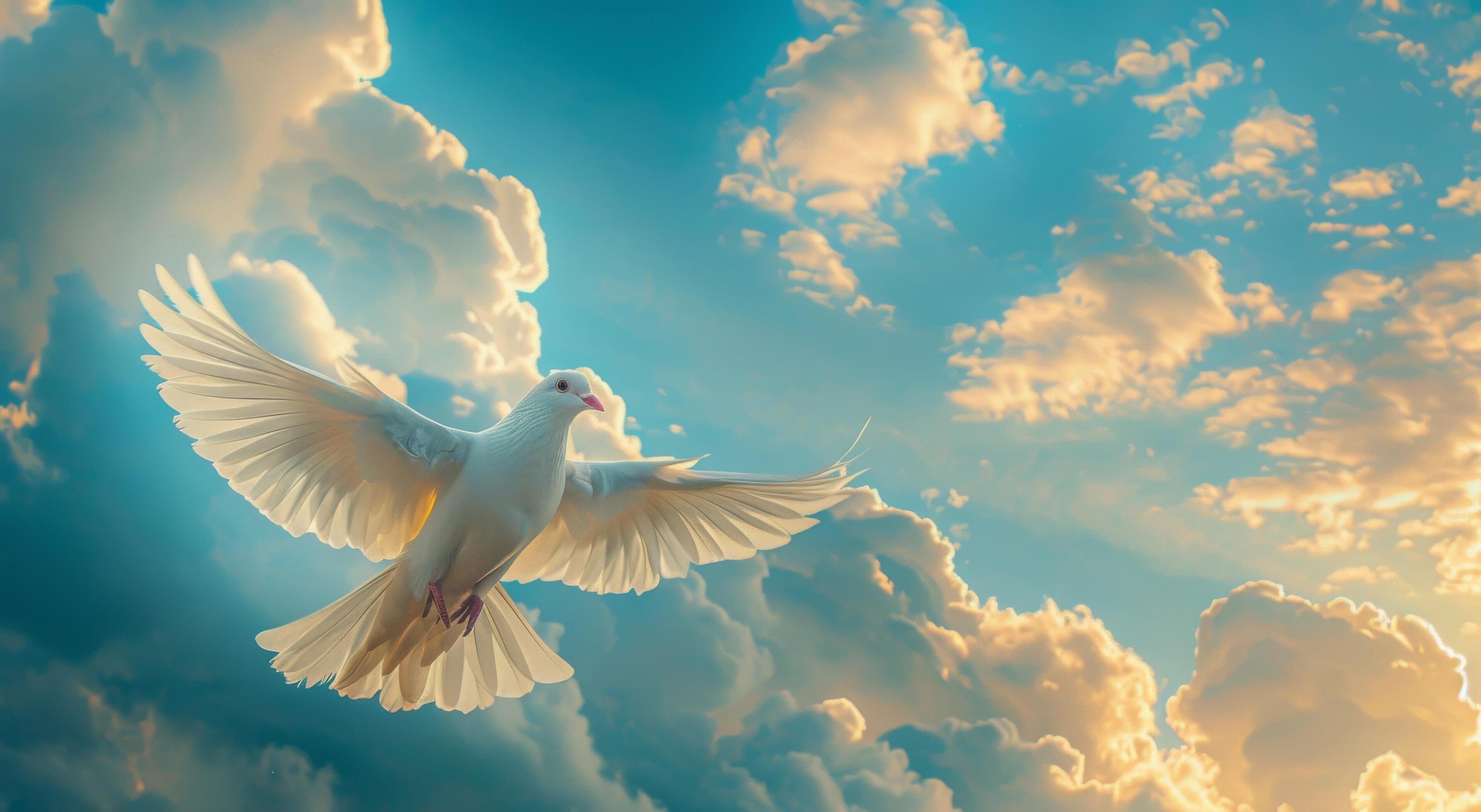 A white dove soaring through a blue sky with white clouds